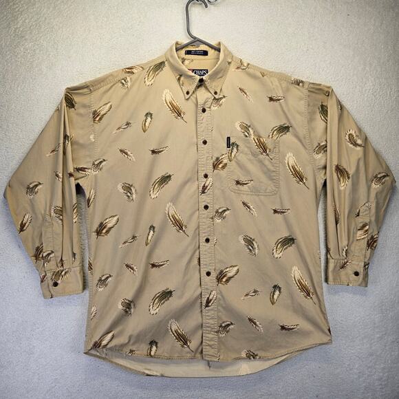 Chaps Ralph Lauren Button Down Shirt Mens L Tan Feather Print Long Sleeve Vtg - Picture 1 of 14